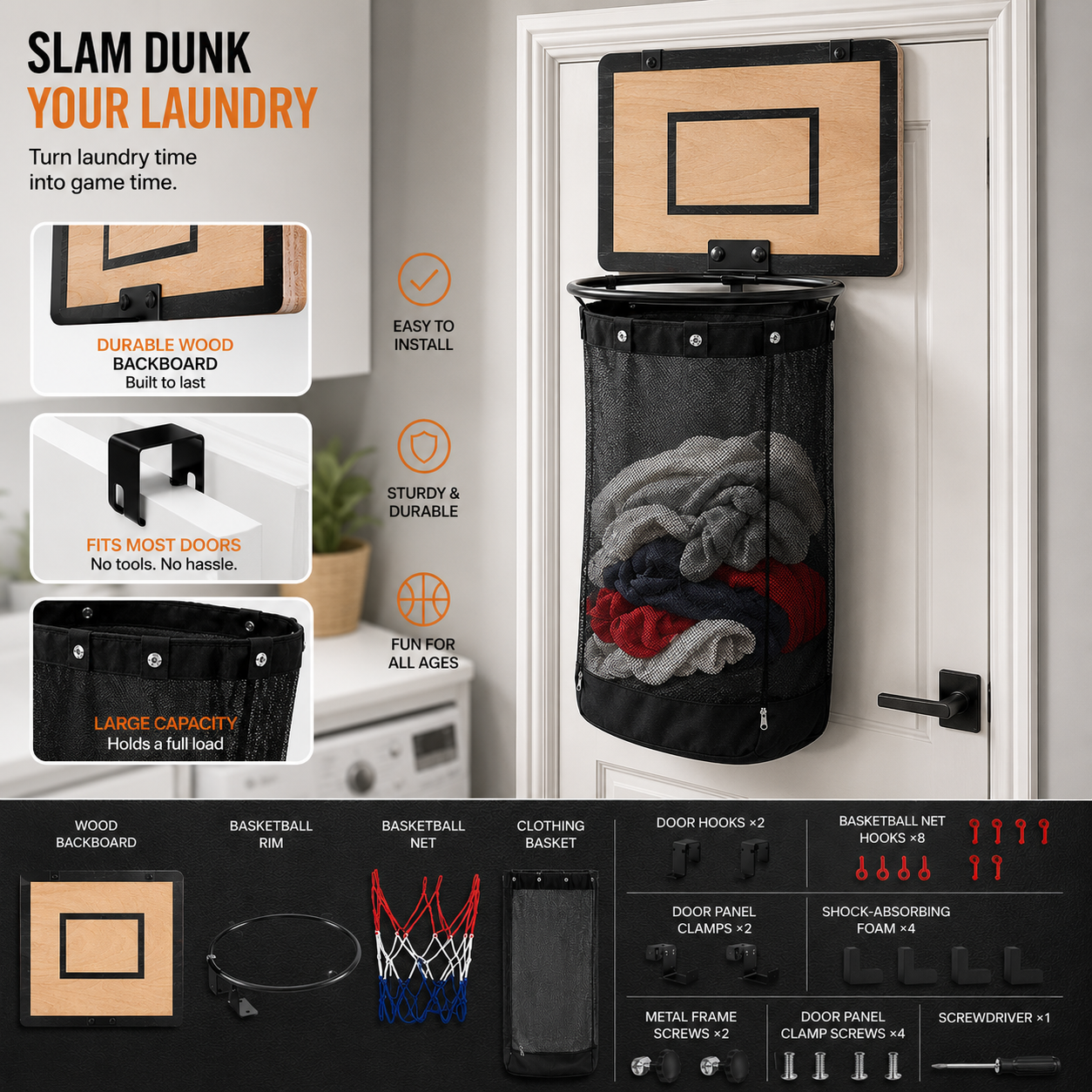 Kids Basketball Laundry Hamper Laundry Basket with Basketball Hoop Zipper Bottom Breathable Mesh Storage Bag for Clothes